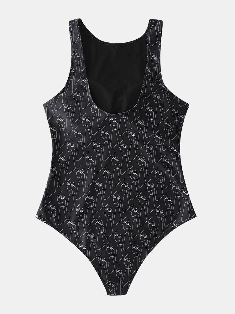 
	Women Line Drawing Abstract Print High Neck Sleeveless One Piece Slimming Swimsuit