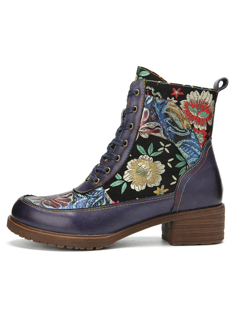 
	Socofy Vintage Floral Embossed Embroidery Leather Side-zip Comfy Warm Lining Chunky Low Heel Short Boots