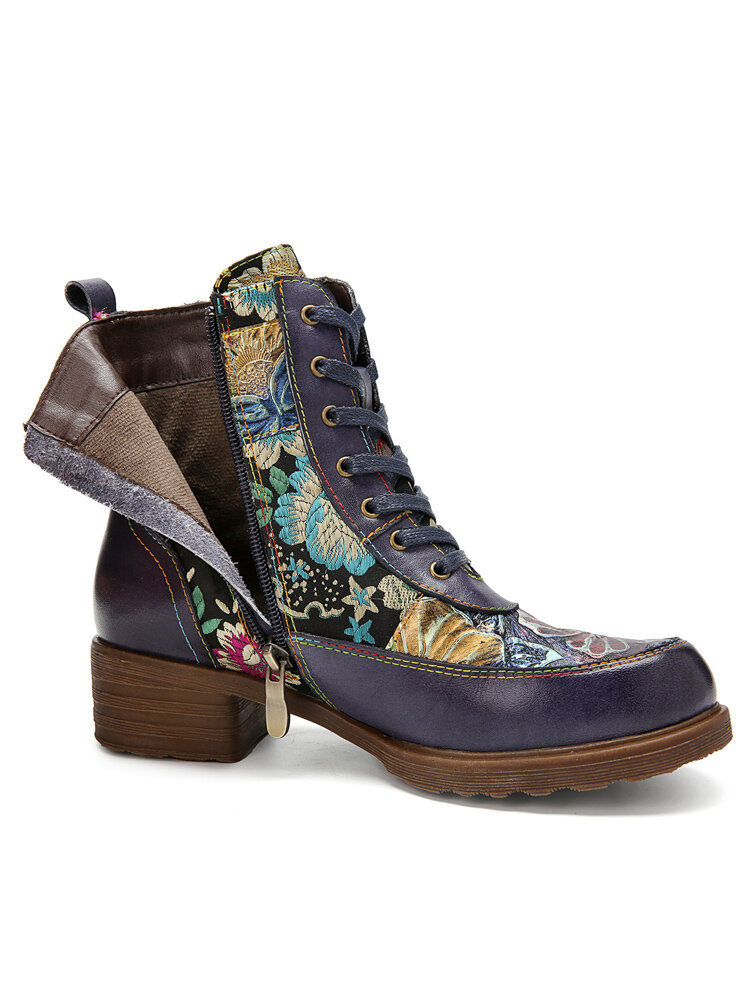 
	Socofy Vintage Floral Embossed Embroidery Leather Side-zip Comfy Warm Lining Chunky Low Heel Short Boots