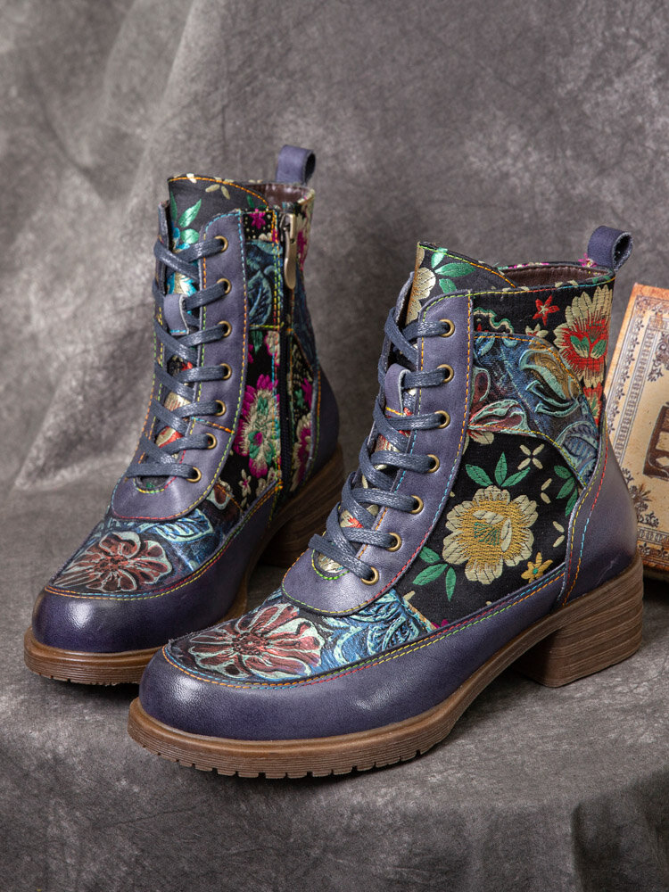 
	Socofy Vintage Floral Embossed Embroidery Leather Side-zip Comfy Warm Lining Chunky Low Heel Short Boots