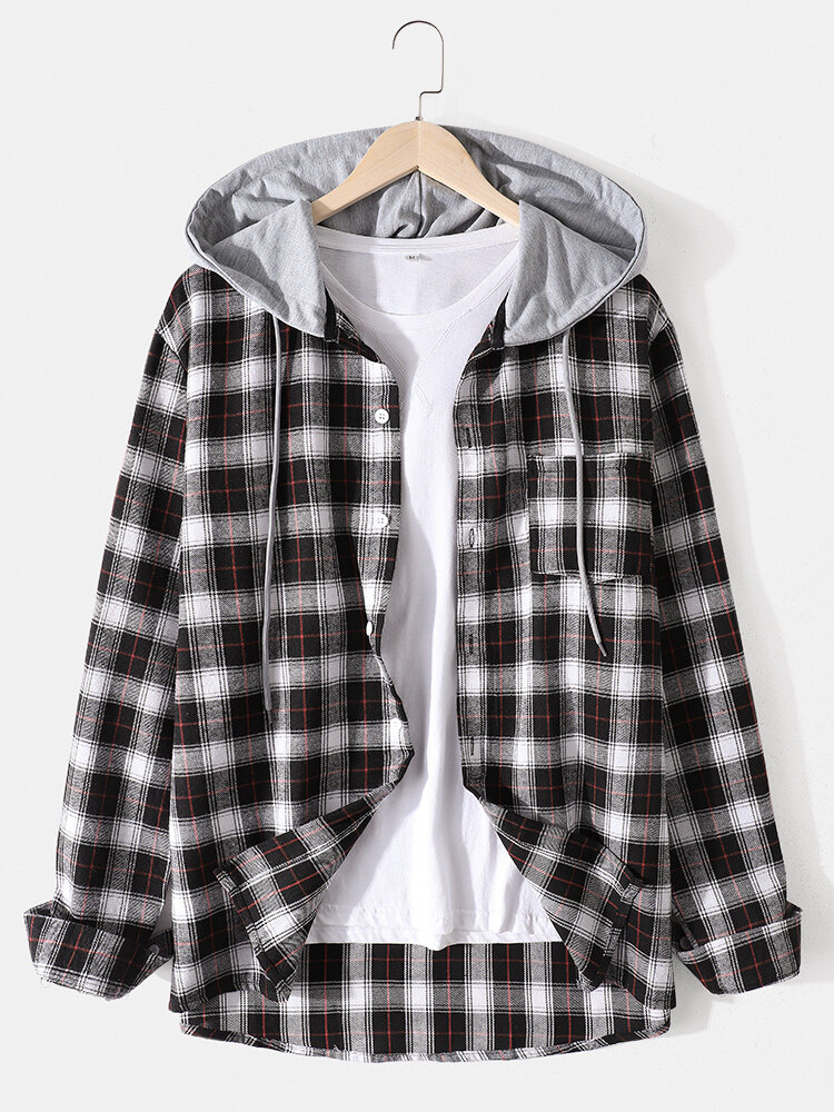 
	Mens Cotton Plaid Button Up Long Sleeve Casual Drawstring Hooded Shirts