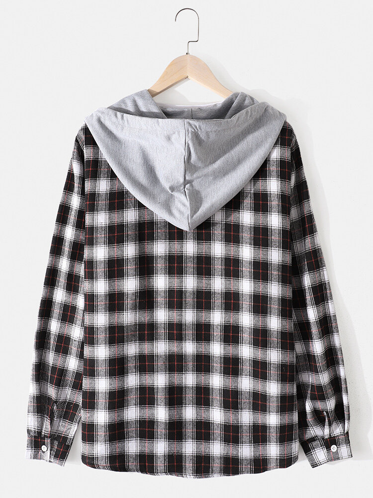 
	Mens Cotton Plaid Button Up Long Sleeve Casual Drawstring Hooded Shirts