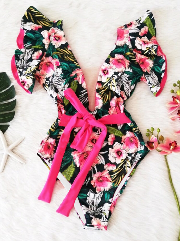 
	Women Floral Print Plunge Neck Lace Up Ruffle Sleeve Belted One Piece Swimsuit