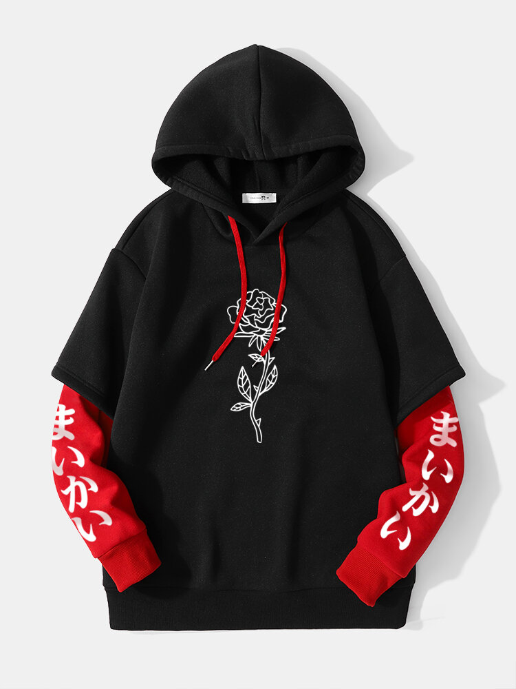 
	Mens Rose Japanese Sleeve Print 2 In 1 Casual Drawstring Hoodies