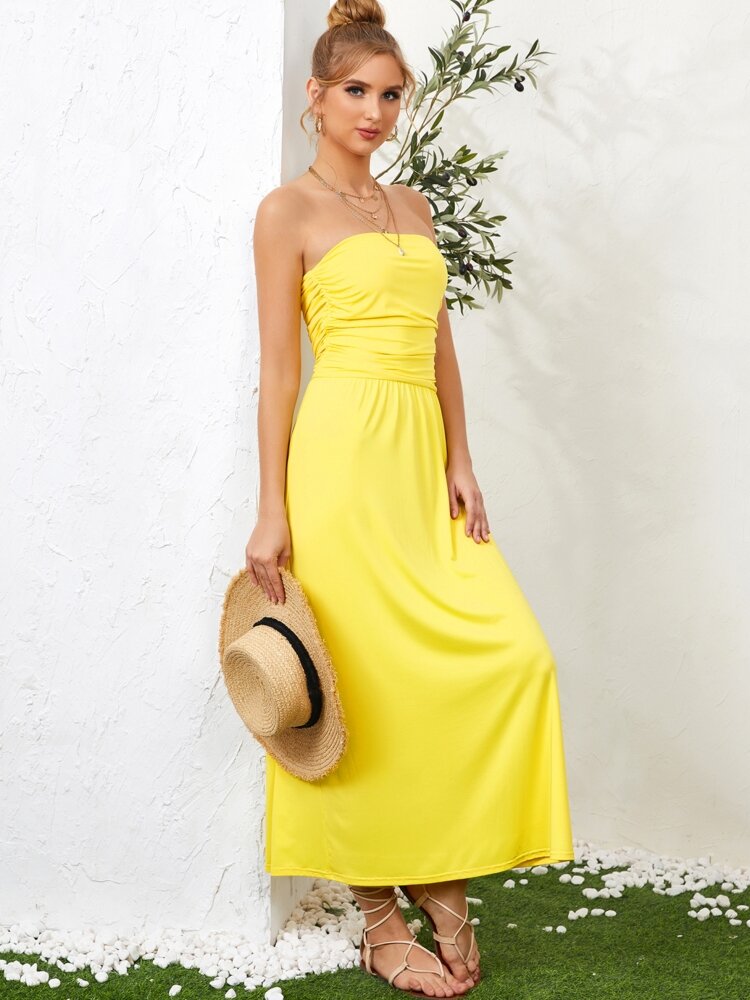 
	Solid Folds Backless Strapless Maxi Tube Top Dress