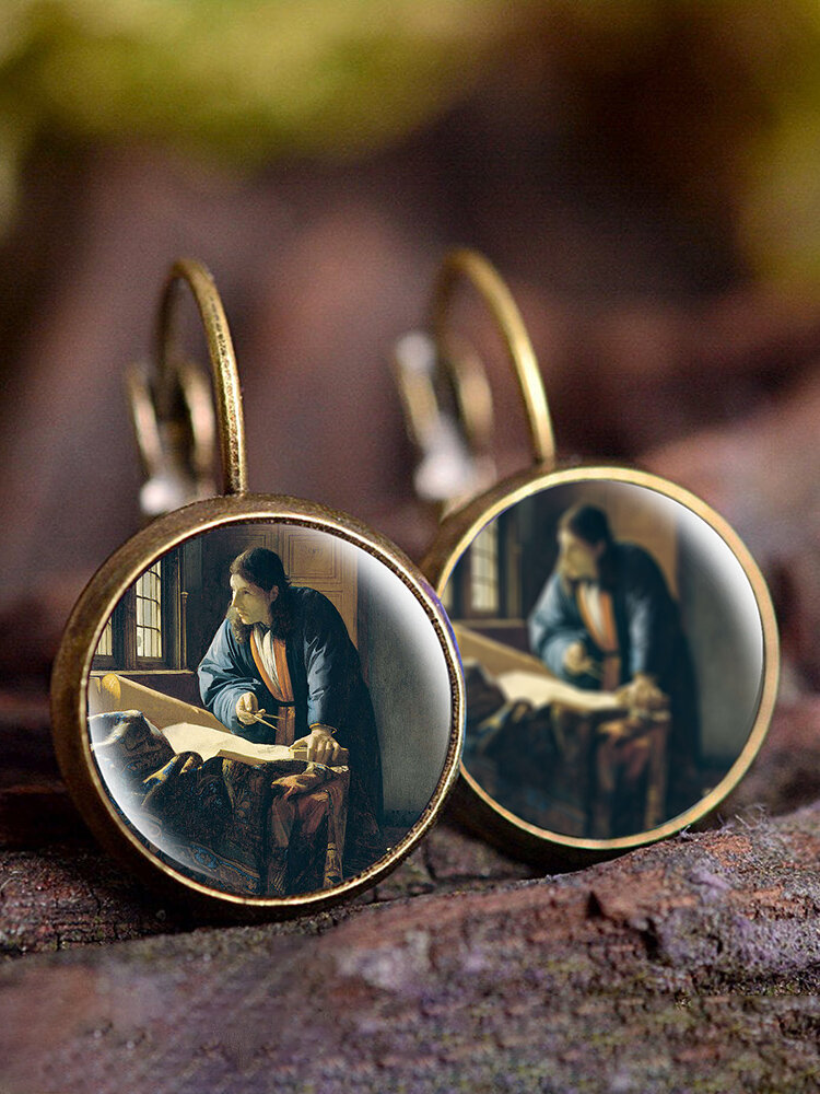 
	Vintage Glass Gemstone Dangle Earrings Famous Oil Printing Women Pendant Earrings