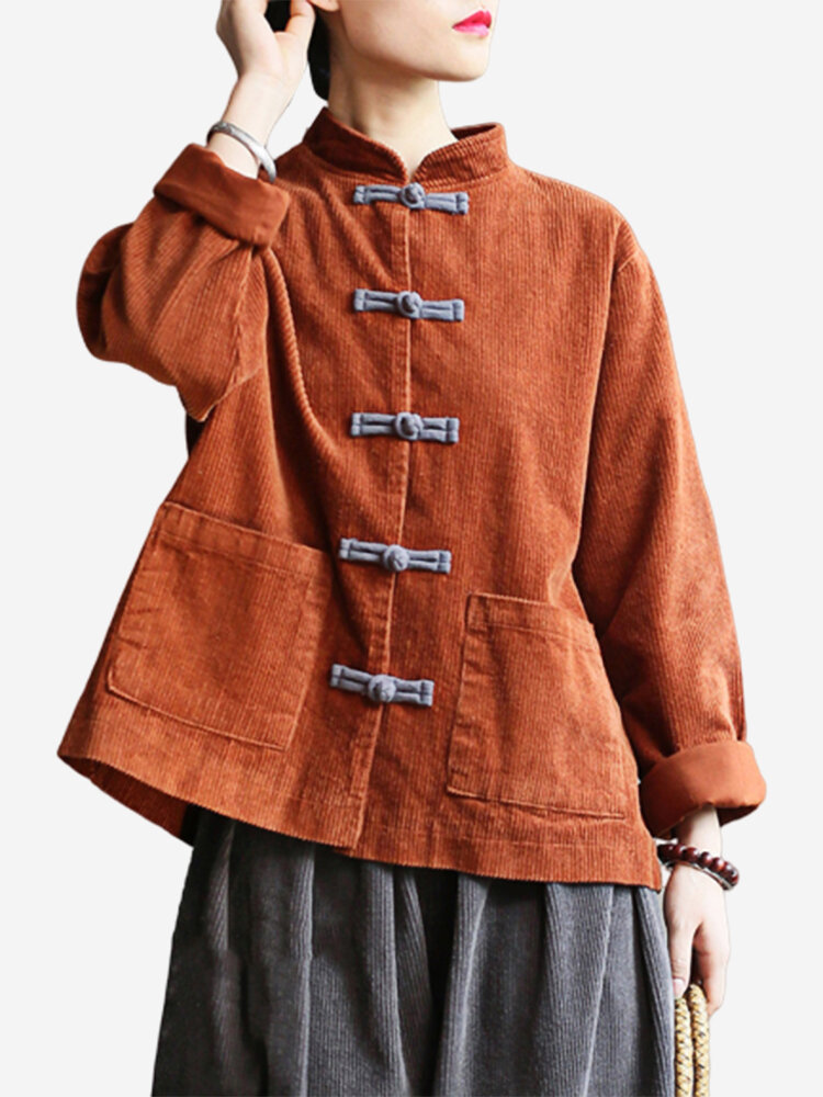 
	Frog Button Corduroy Solid Color Long Sleeve Vintage Coat