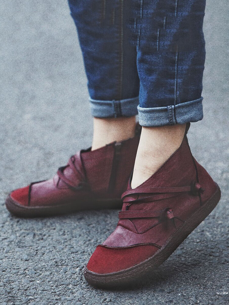 
	Women Retro Suede Patchwork Strappy V Shape Zipper Flat Ankle Boots