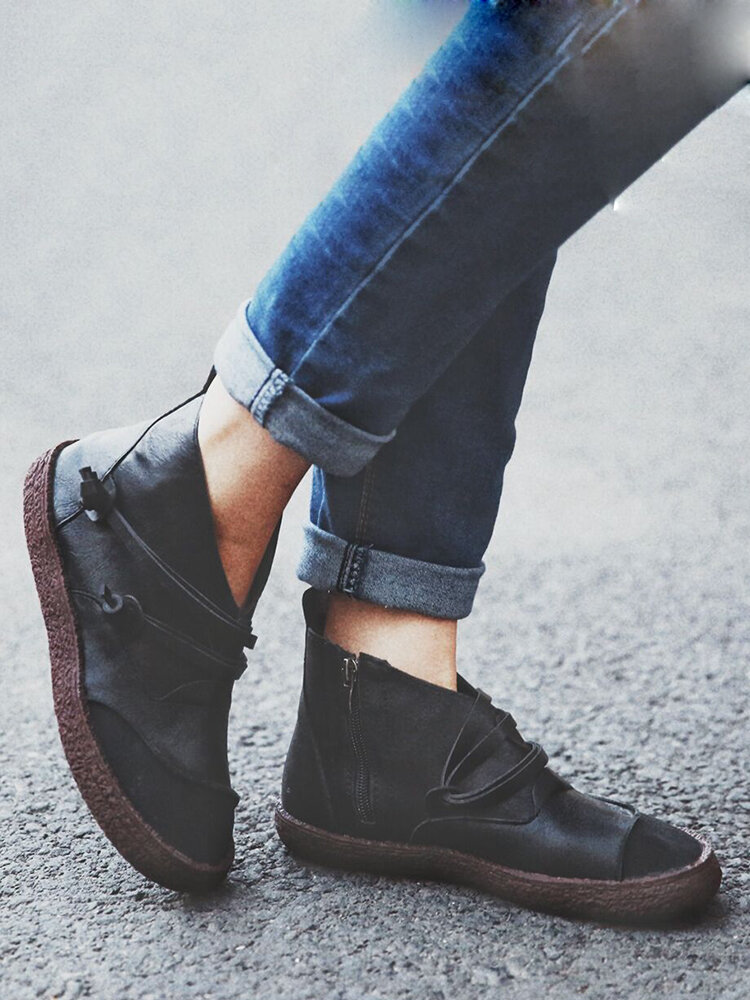 
	Women Retro Suede Patchwork Strappy V Shape Zipper Flat Ankle Boots