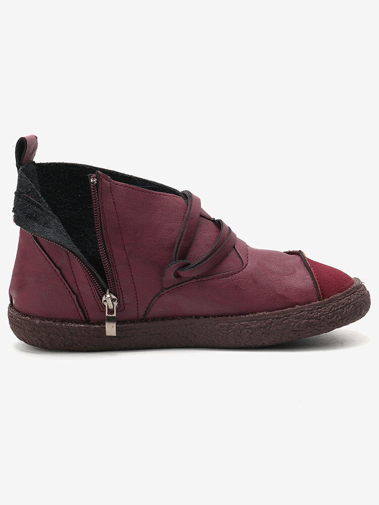 
	Women Retro Suede Patchwork Strappy V Shape Zipper Flat Ankle Boots