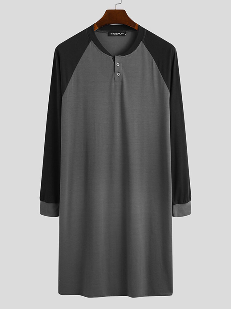 
	Men Home Loose Long Sleeve Loungewear Patchwork Knee-Length Shirt Design Sleep Robe