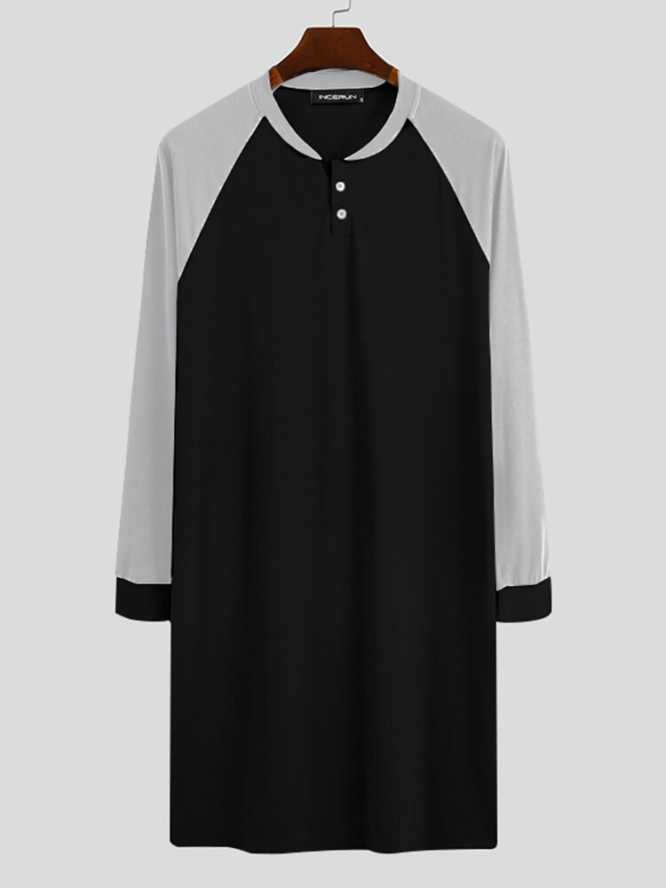 
	Men Home Loose Long Sleeve Loungewear Patchwork Knee-Length Shirt Design Sleep Robe