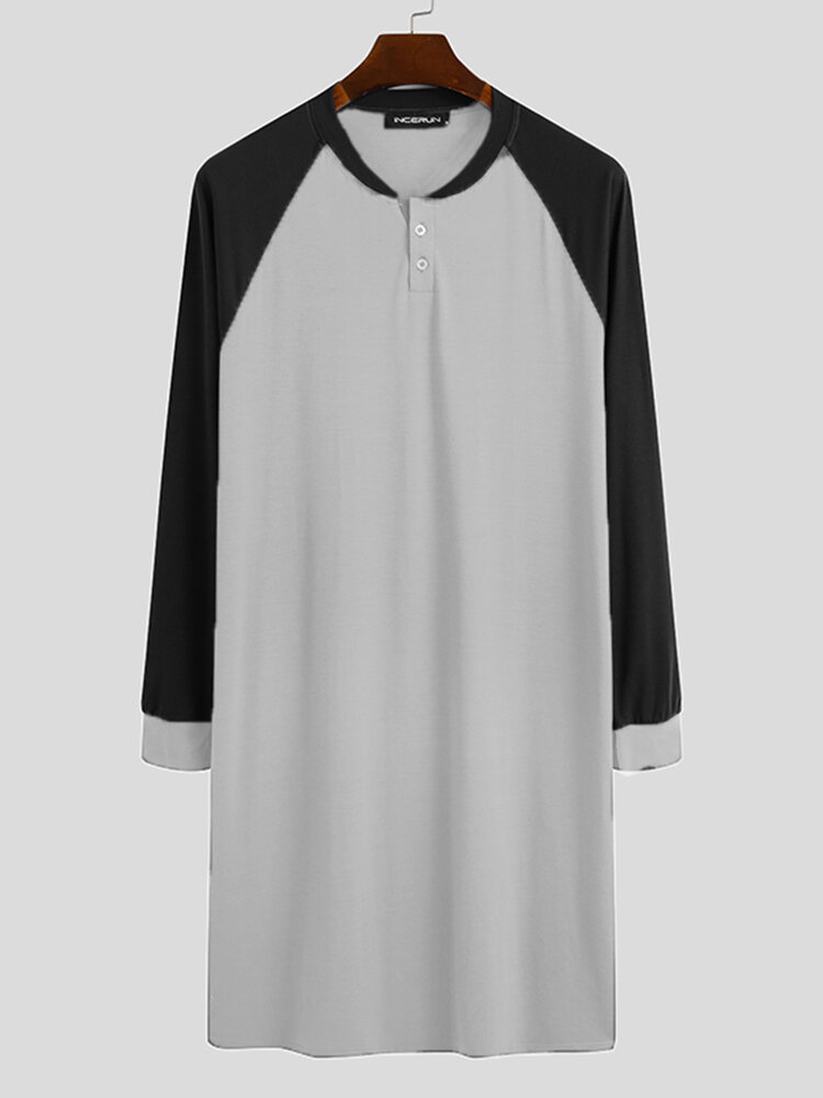 
	Men Home Loose Long Sleeve Loungewear Patchwork Knee-Length Shirt Design Sleep Robe