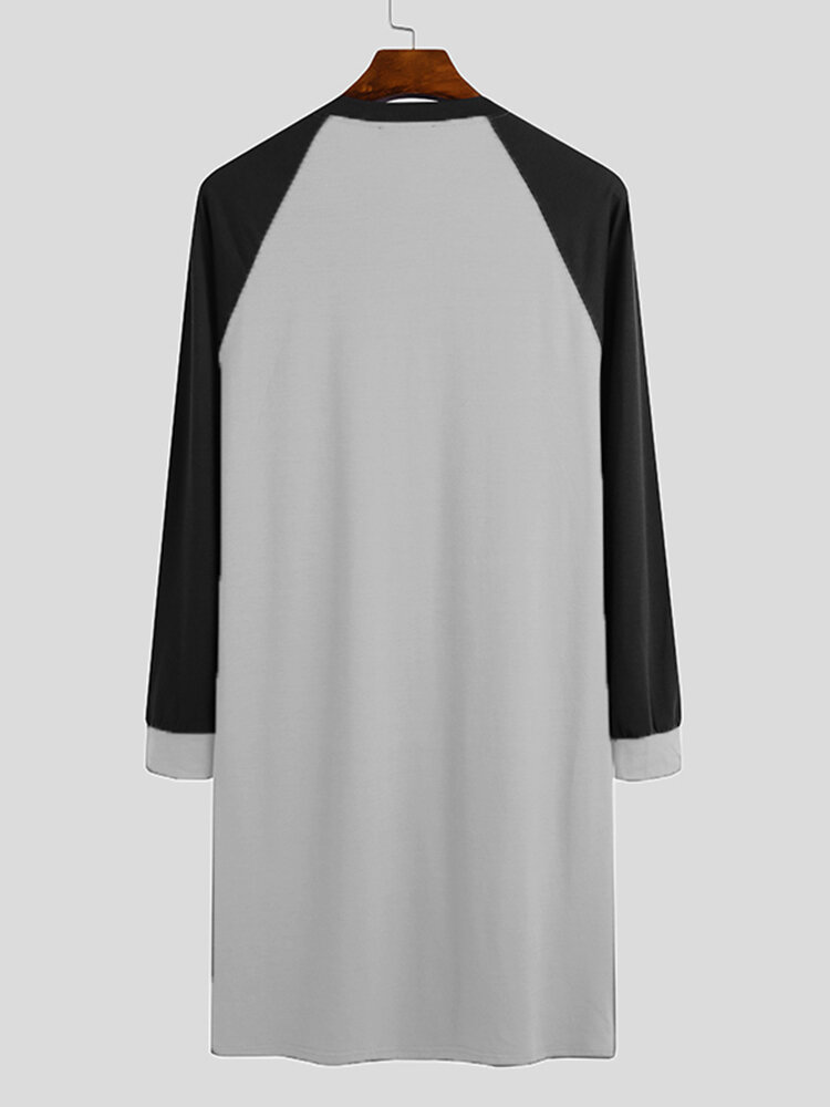 
	Men Home Loose Long Sleeve Loungewear Patchwork Knee-Length Shirt Design Sleep Robe