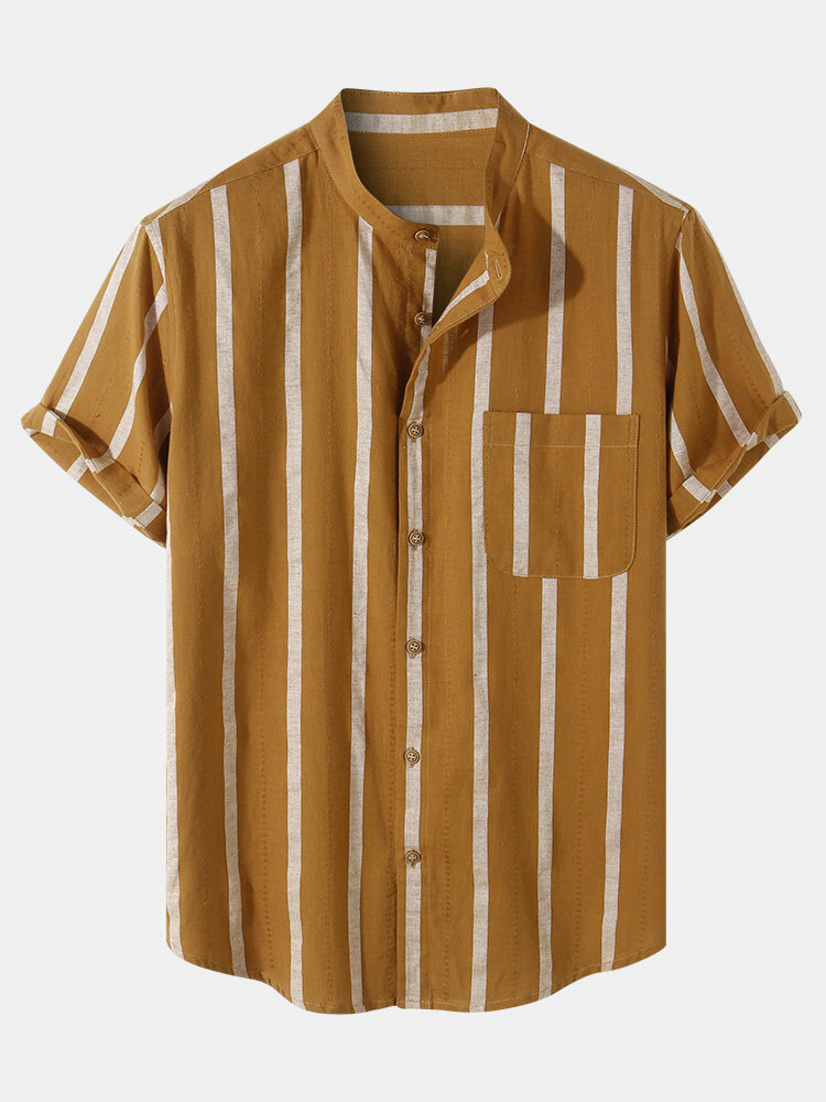 
	Mens 100% Cotton Striped Stand Collar Casual Striped Shrits&Bottoms Two Pieces Outfits