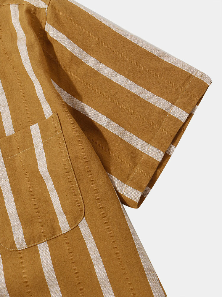 
	Mens 100% Cotton Striped Stand Collar Casual Striped Shrits&Bottoms Two Pieces Outfits