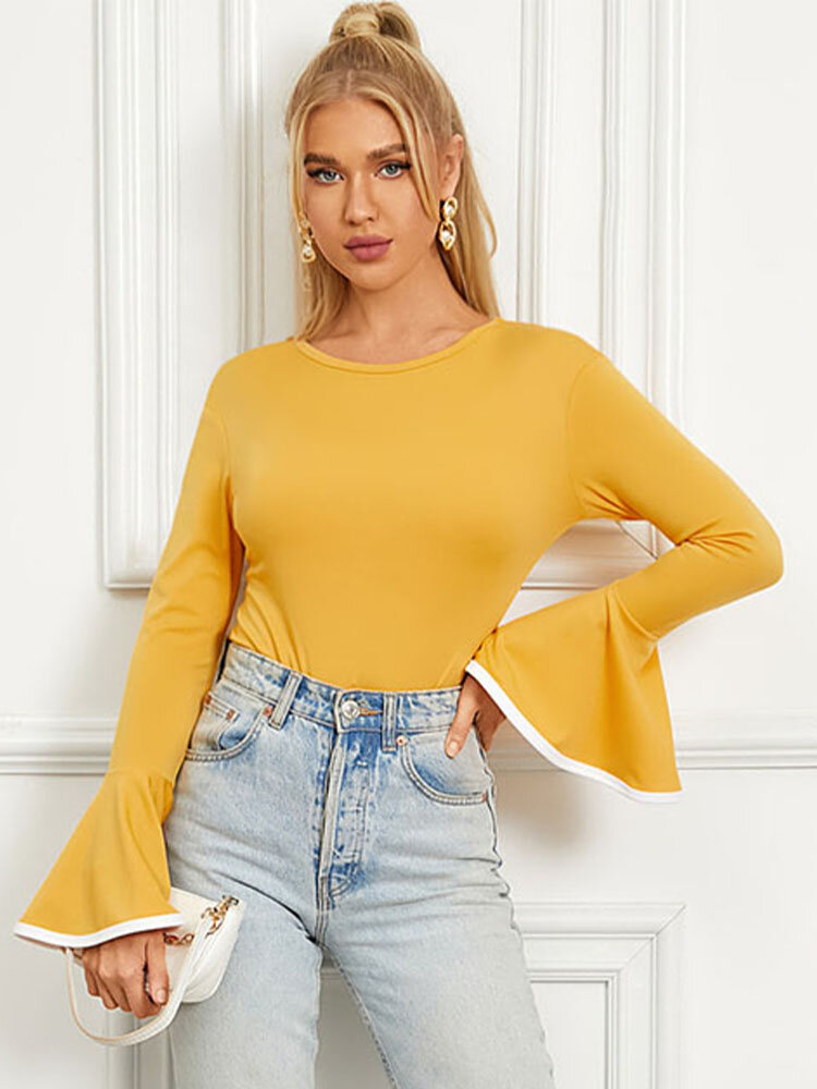 
	Contrast Color Bell Long Sleeve Crew Neck T-shirt