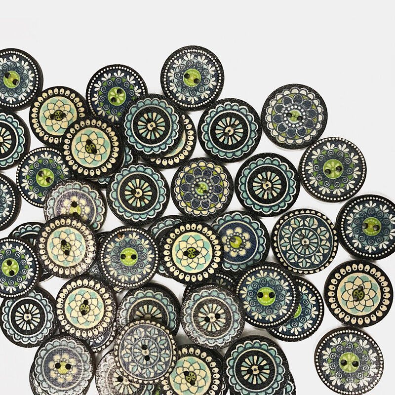 
	100 pcs Plain Pattern Wooden Round Button Blue Printed Minority Ethnic Style Pattern Decorative Buttons