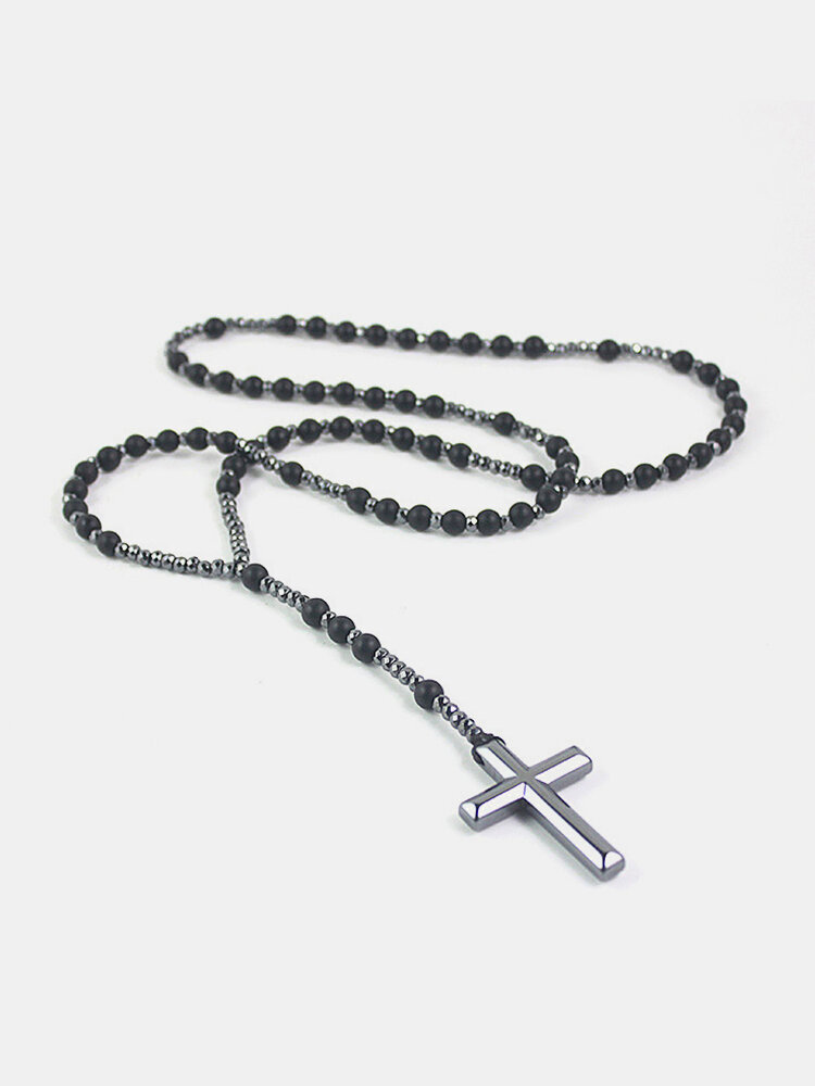 
	Vintage Natural Stone Men Necklace Cross Pendant Beaded Long Sweater Chain Jewelry Gift