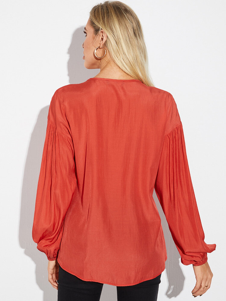 
	Solid Button Lantern Long Sleeve Crew Neck Blouse