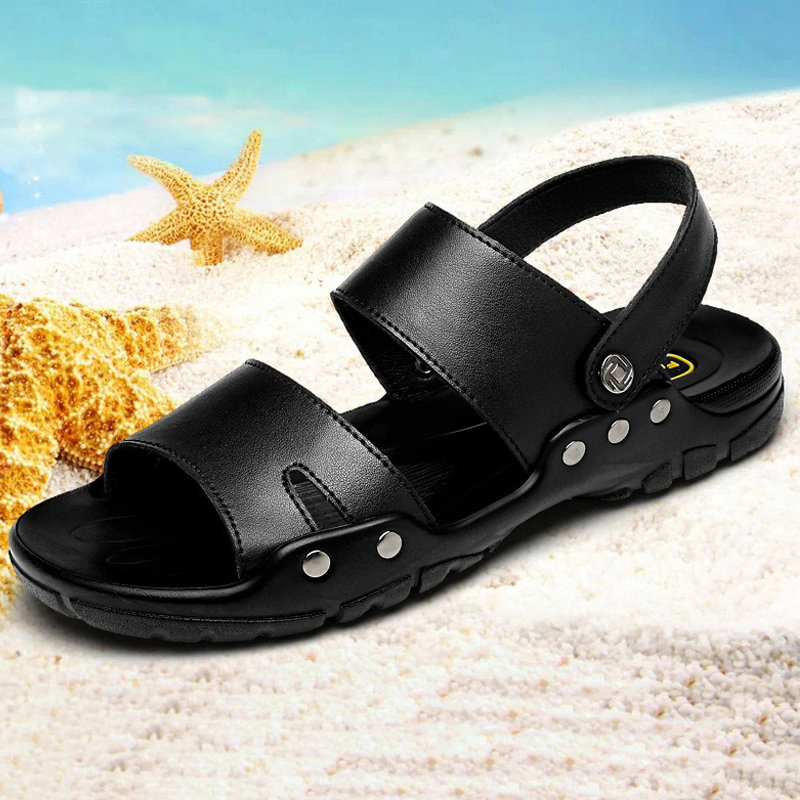 
	Men Pure Color Leather Large Size Non Slip Soft Sole Casual Beach Sandals