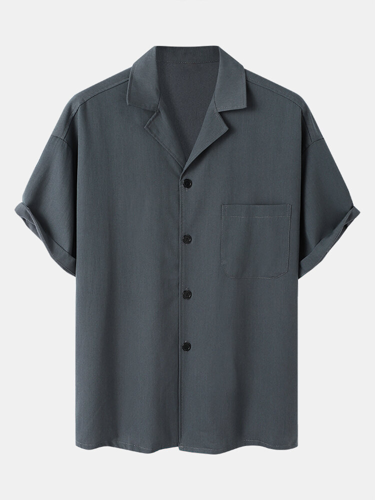 
	Mens Solid Color Revere Collar Button Up Loose Two Pieces Outfits