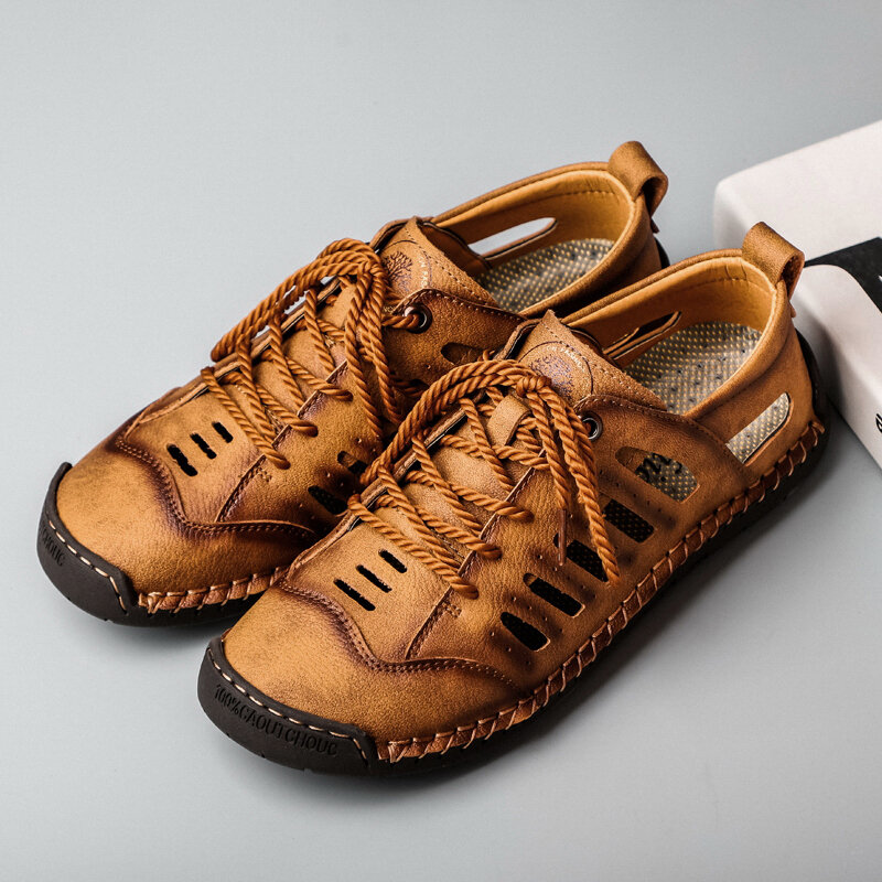 
	Men Closed Toe Hand Stitching Hole Leather Dress Sandals