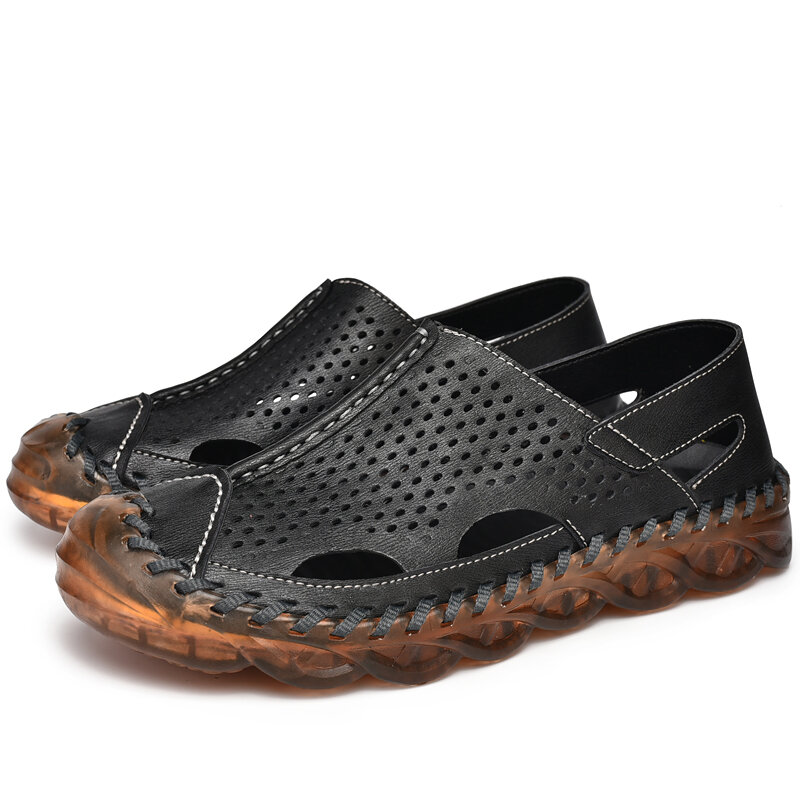 
	Men Hand Stitching Leather Hole Non Slip Outdoor Casual Sandals