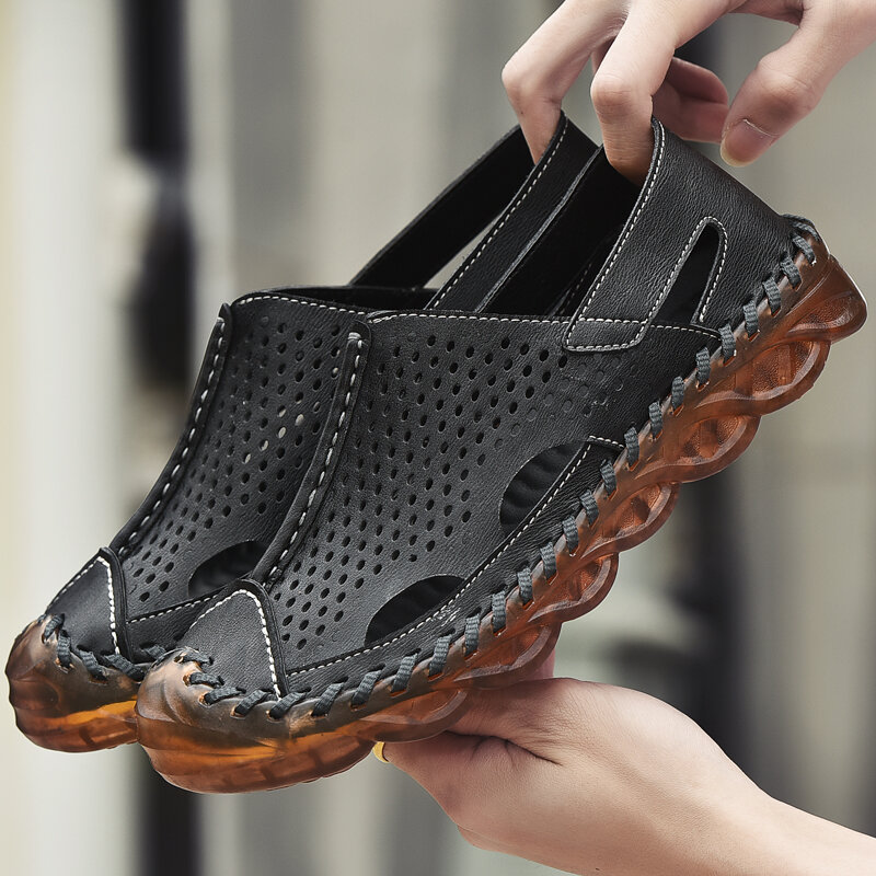 
	Men Hand Stitching Leather Hole Non Slip Outdoor Casual Sandals