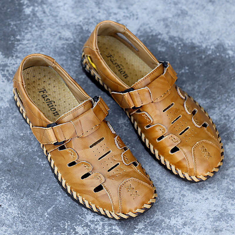 
	Men Hand Stitching Leather Non Slip Hook Loop Casual Sandals