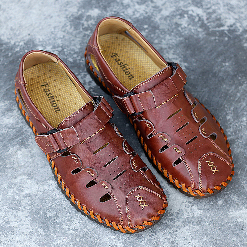 
	Men Hand Stitching Leather Non Slip Hook Loop Casual Sandals