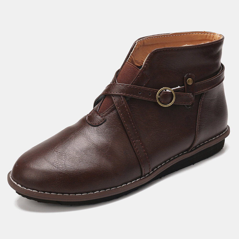 
	Large Size Women Comfy Leather Stitching Buckle Flat Ankle Boots