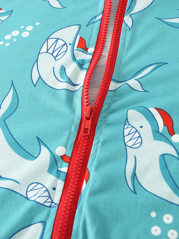 
	Shark Print Beam Footed Cozy Patchwork Cuffs Hooded Zipper Jumpsuits For Men