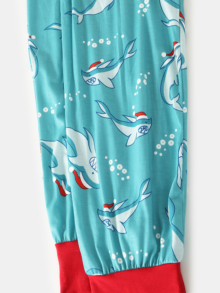 
	Shark Print Beam Footed Cozy Patchwork Cuffs Hooded Zipper Jumpsuits For Men