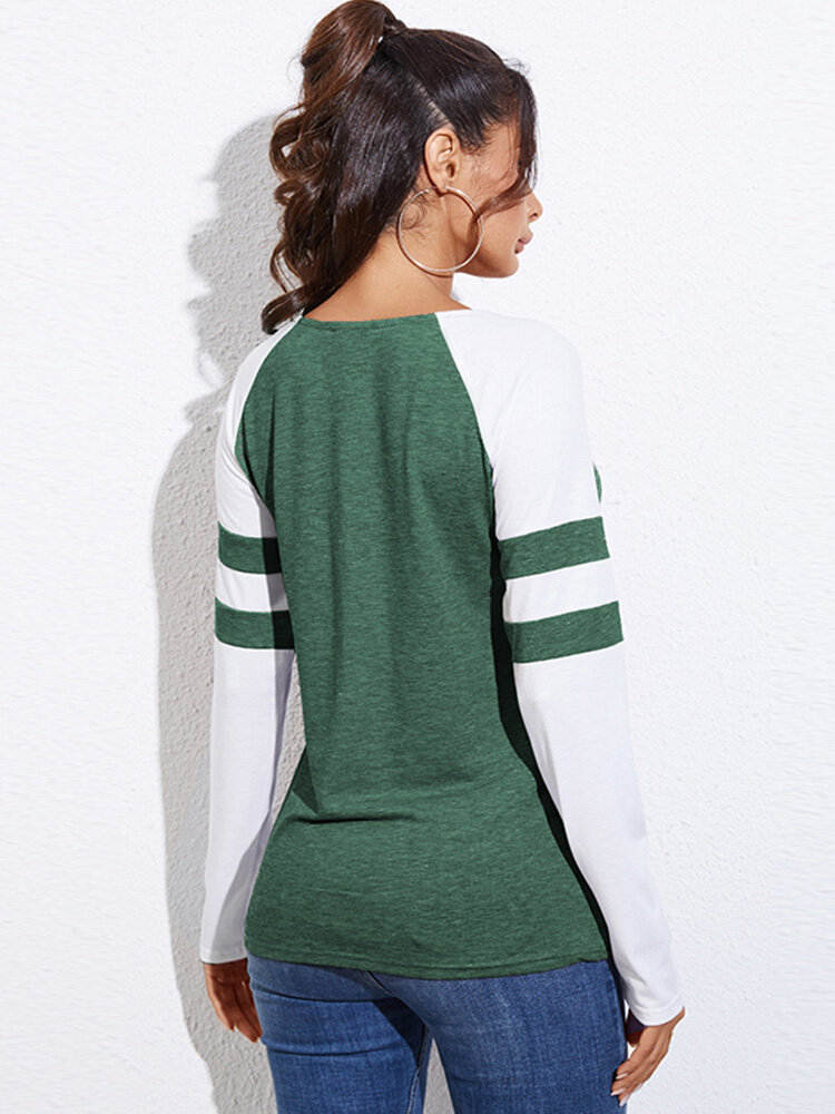 
	Contrast Color Zip Front V-neck Long Sleeve Casual T-shirt