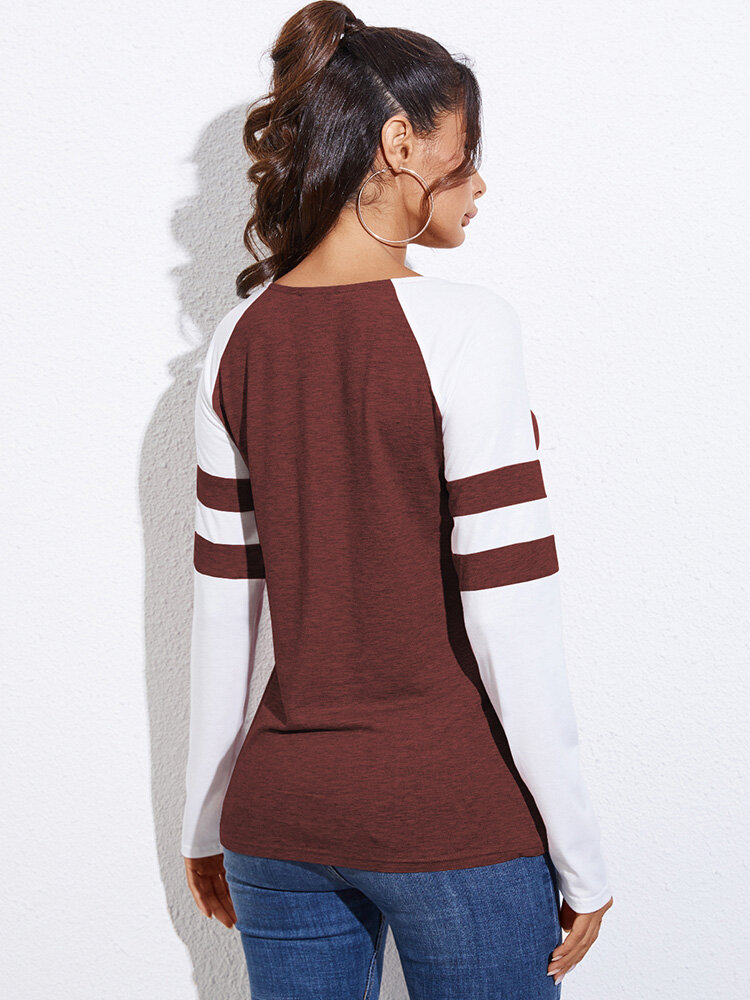 
	Contrast Color Zip Front V-neck Long Sleeve Casual T-shirt