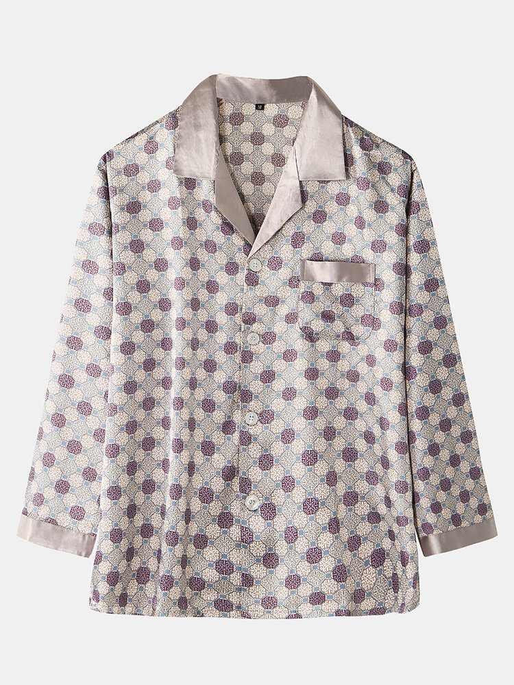 
	Geometric Faux Silk Home Loungewear Sets Two Pieces Long Sleeve Shirt Outfits For Men