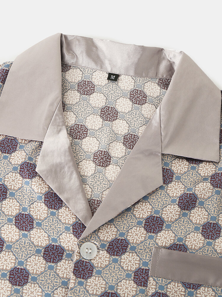 
	Geometric Faux Silk Home Loungewear Sets Two Pieces Long Sleeve Shirt Outfits For Men