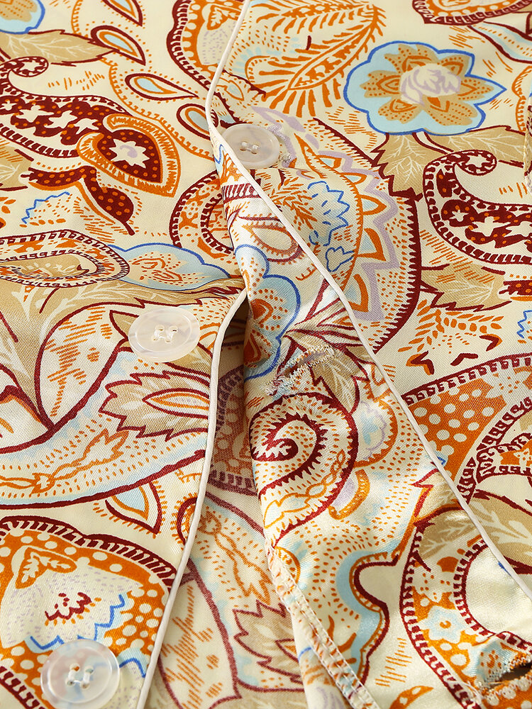 
	Yellow Floral Print Ice Silk Lapel Sleepwear Sets Surf Long-Sleeve Home Pajamas