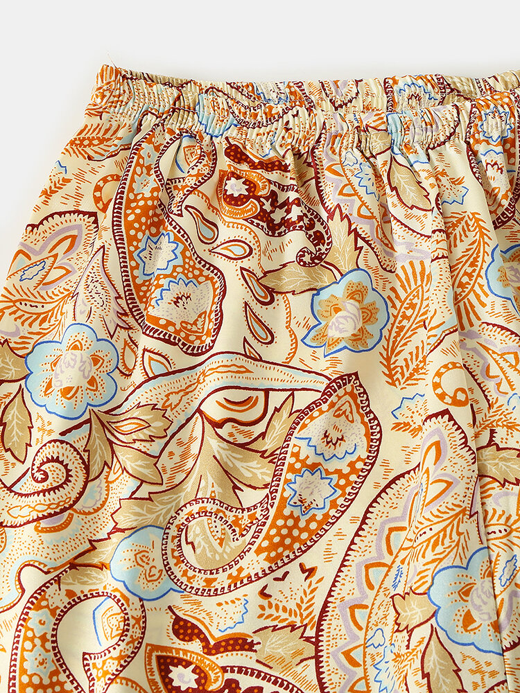 
	Yellow Floral Print Ice Silk Lapel Sleepwear Sets Surf Long-Sleeve Home Pajamas