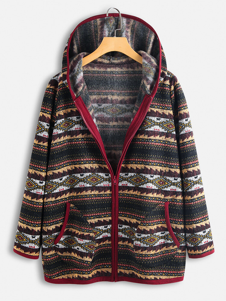 
	Ethnic Print Patchwork Long Sleeve Hooded Jacket For Women