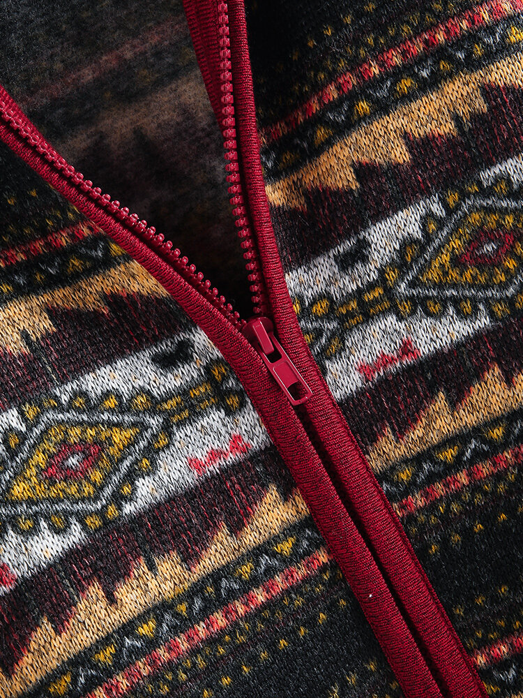 
	Ethnic Print Patchwork Long Sleeve Hooded Jacket For Women