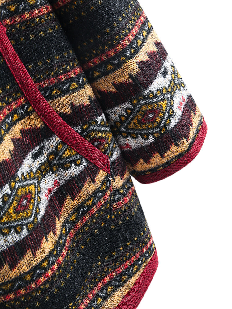 
	Ethnic Print Patchwork Long Sleeve Hooded Jacket For Women