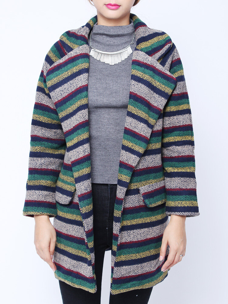 
	Loose Colorful Strip Long Sleeve Woolen Coat Cardigan