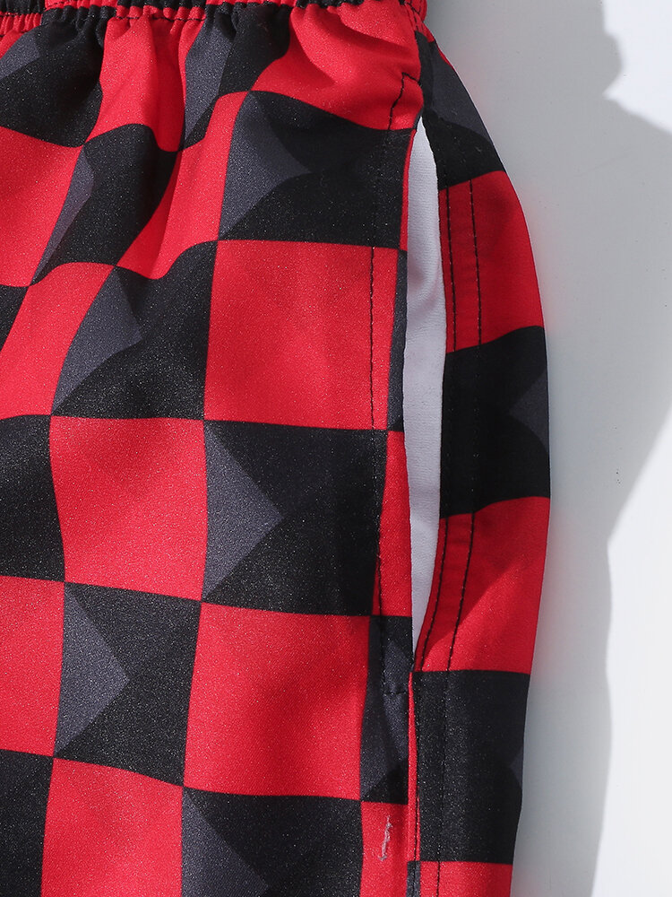 
	Mens Two Tone Checkered Patchwork Mesh Lined Breathable Drawstring Swim Trunks