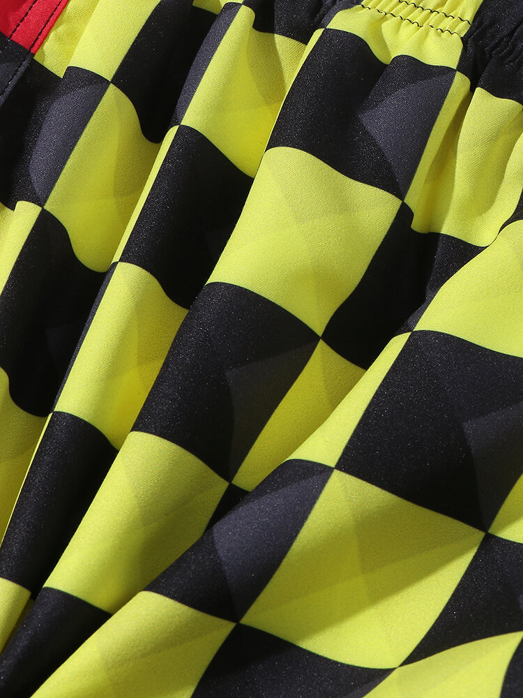 
	Mens Two Tone Checkered Patchwork Mesh Lined Breathable Drawstring Swim Trunks