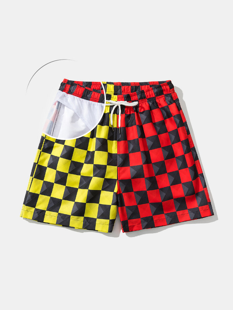 
	Mens Two Tone Checkered Patchwork Mesh Lined Breathable Drawstring Swim Trunks