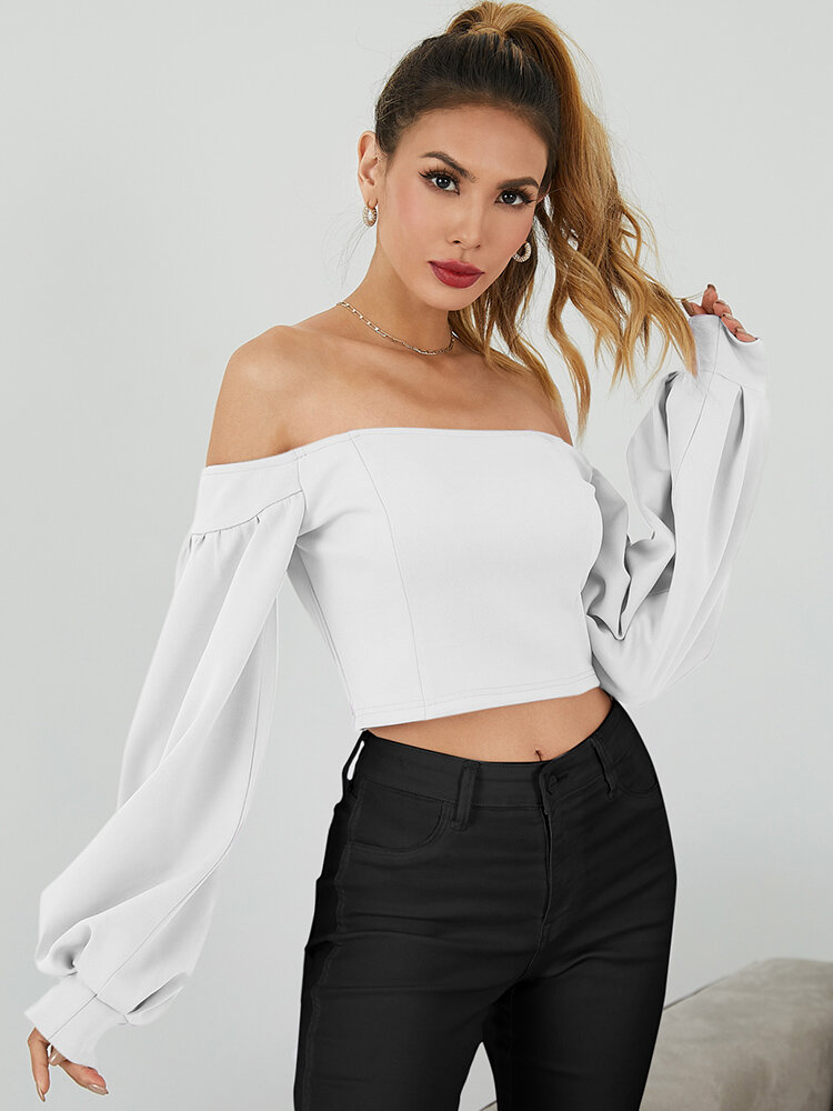 
	Solid Lantern Long Sleeve Off The Shoulder Crop Top