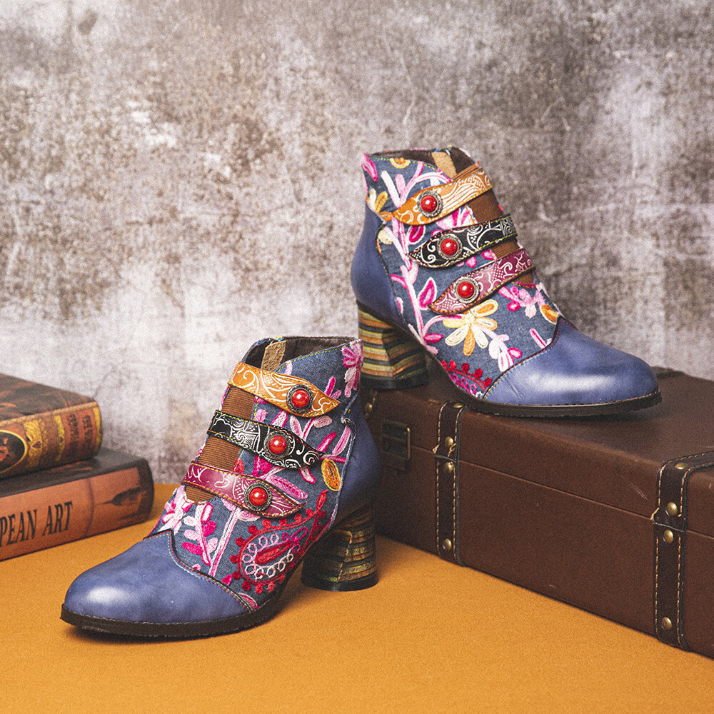 
	SOCOFY Flowers Embroidery Splicing Genuine Leather Wearable Sole Chunky Heel Ankle Boots