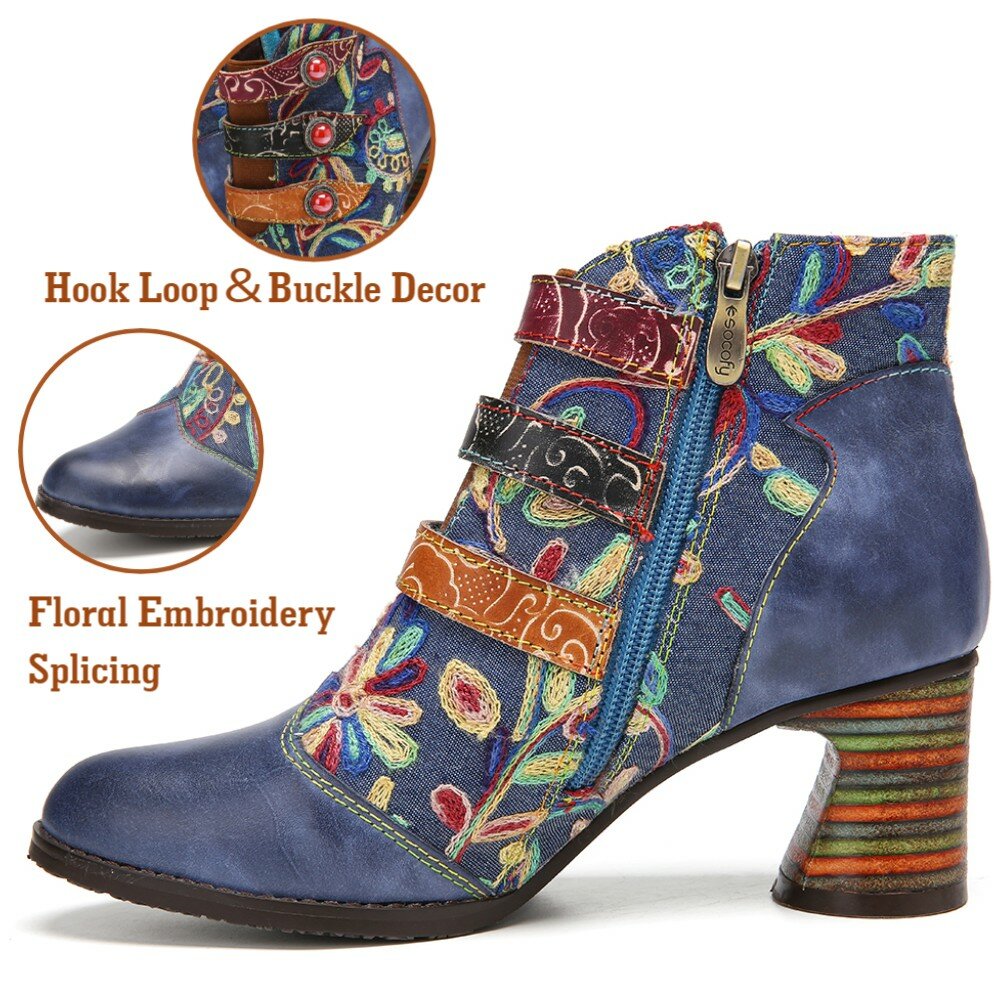 
	SOCOFY Flowers Embroidery Splicing Genuine Leather Wearable Sole Chunky Heel Ankle Boots